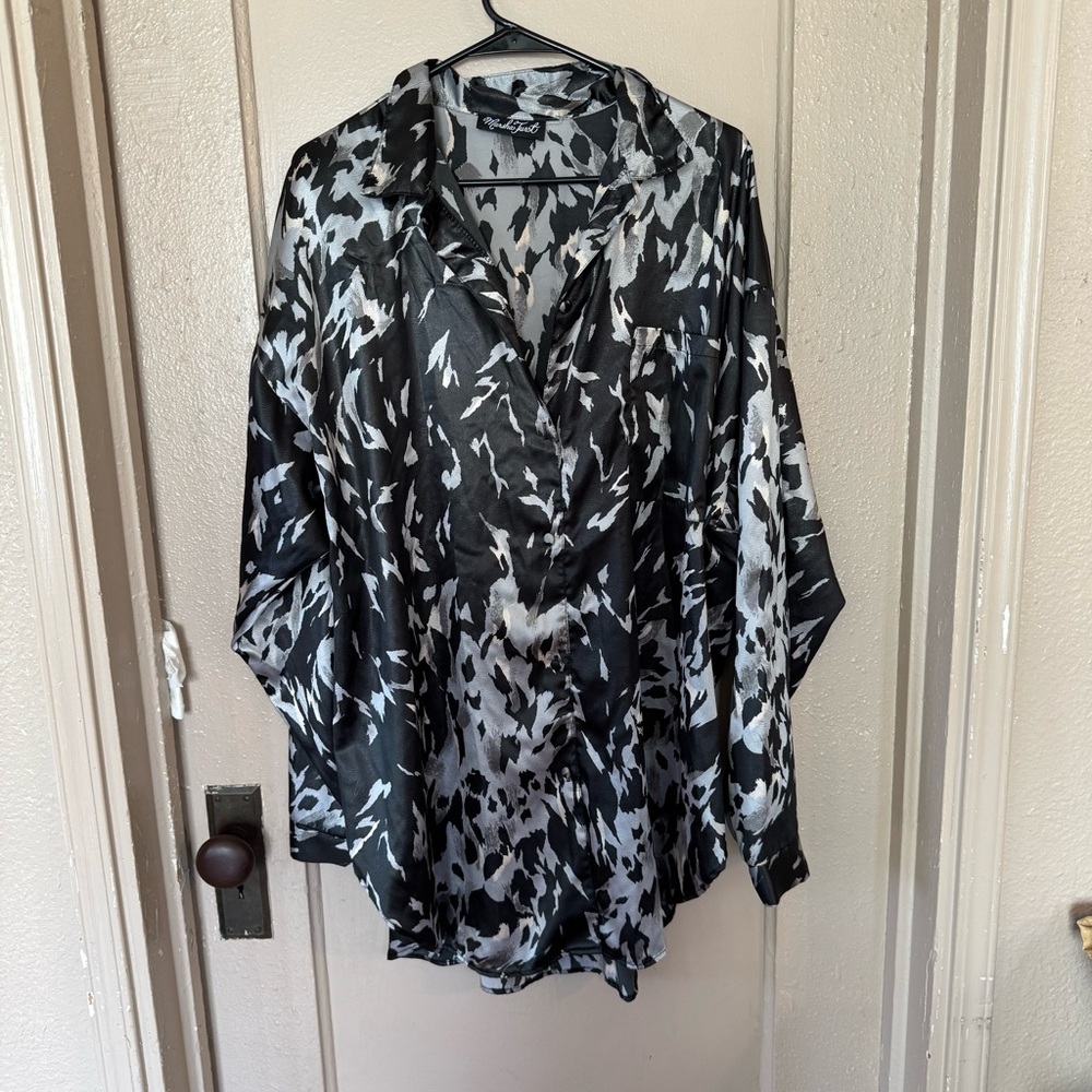 VTG Women’s 3X Button Down Black & Silver‎ Edgy Minimalist Urban Chic Blouse